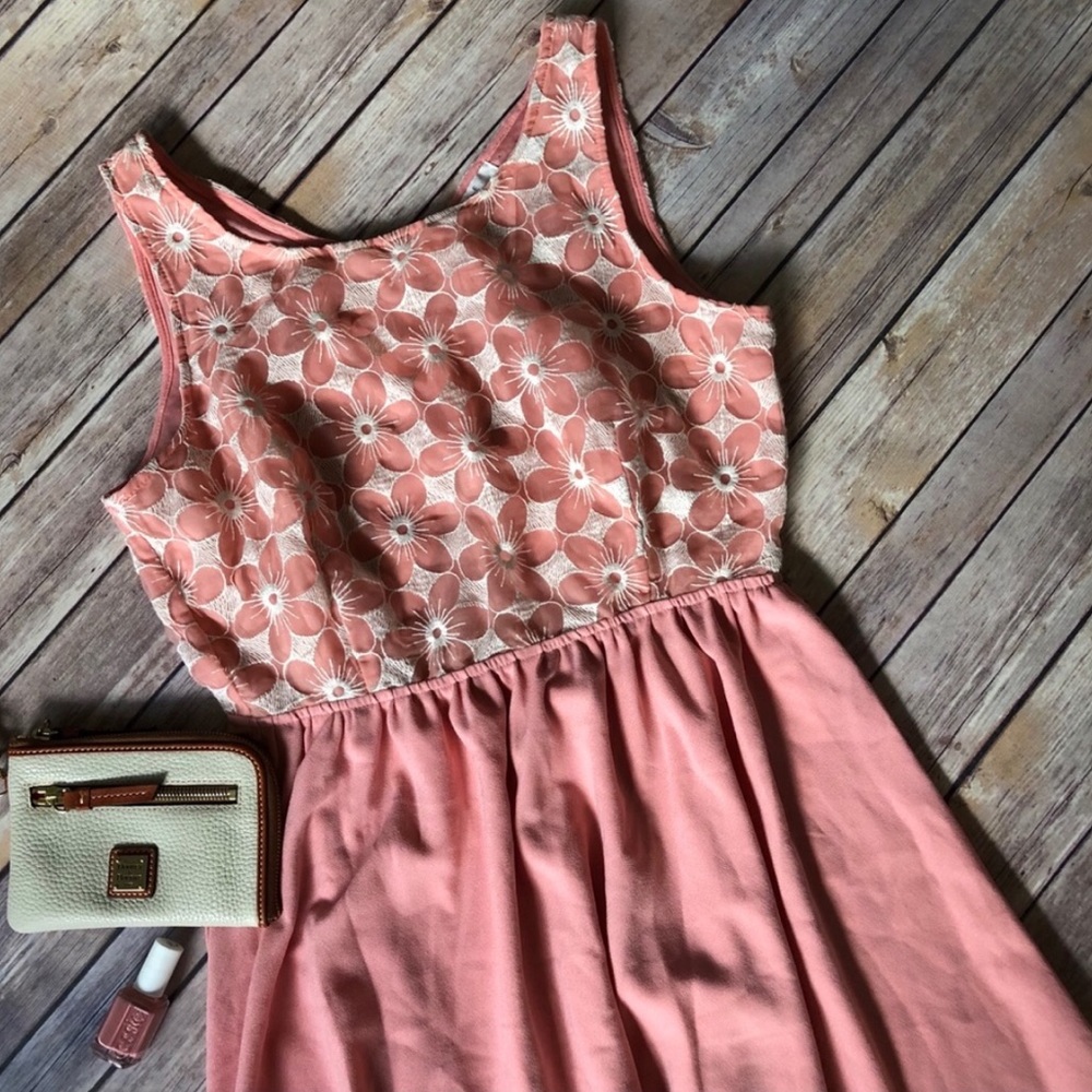 Pink Floral Embroidered Overlay Dress